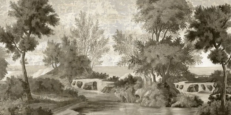 monochrome klasik nehir kiyisi ve agac manzarali duvar kagidi