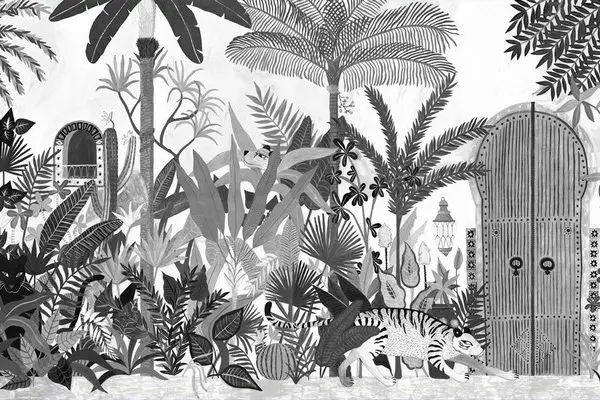 monochrome gri gravur orman ve selvi agaci duvar kagidi beyaz zemin