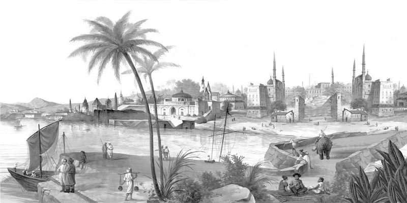 monochrome gravur egzotik dogu nehir ve antik sehir manzarali duvar kagidi