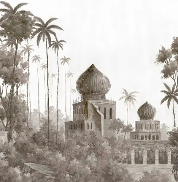 monochrome gravur egzotik kubbeli tapinaklar ve palmiye manzarali duvar kagidi