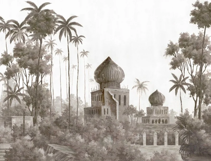 monochrome gravur egzotik kubbeli tapinaklar ve palmiye manzarali duvar kagidi