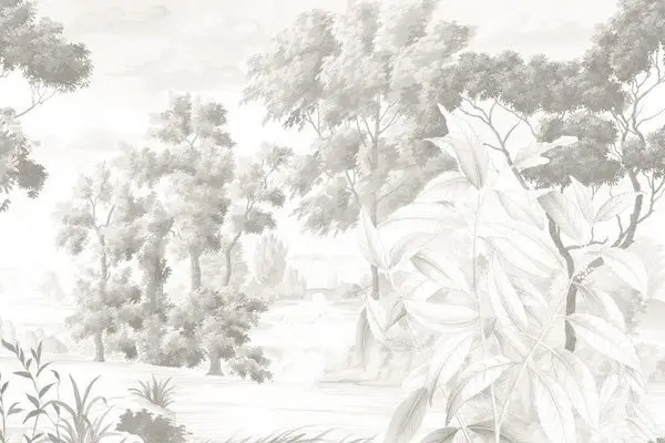 monochrome aydinlik tropikal yapraklar ve puslu gol manzarali duvar kagidi