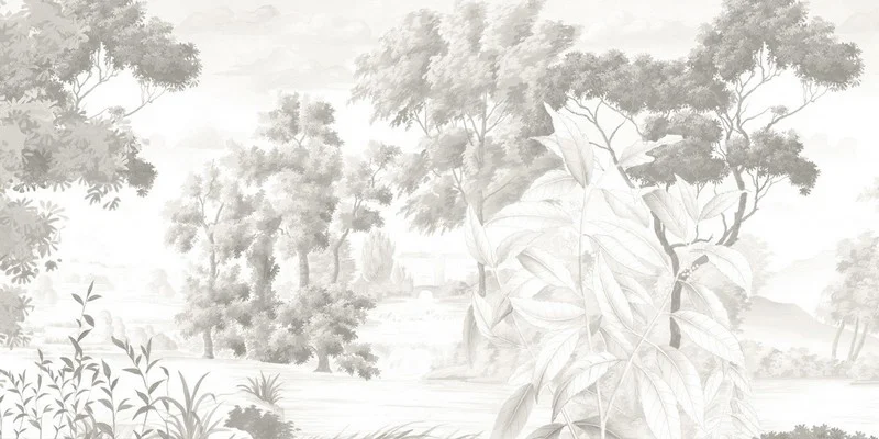 monochrome aydinlik tropikal yapraklar ve puslu gol manzarali duvar kagidi