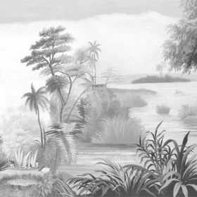 monochrome tropikal nehir kiyisi sazliklar ve sandal manzarali duvar kagidi