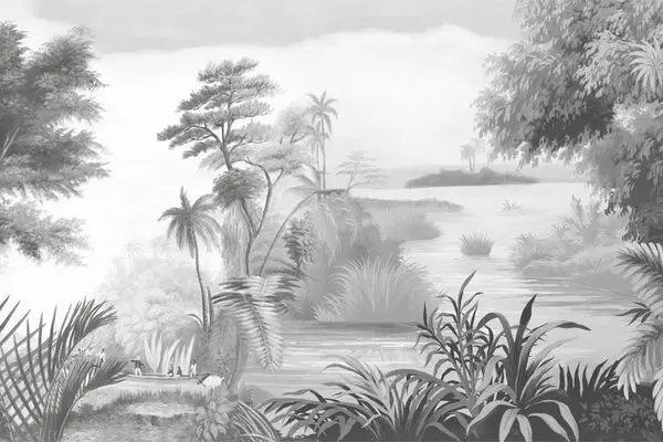 monochrome tropikal nehir kiyisi sazliklar ve sandal manzarali duvar kagidi