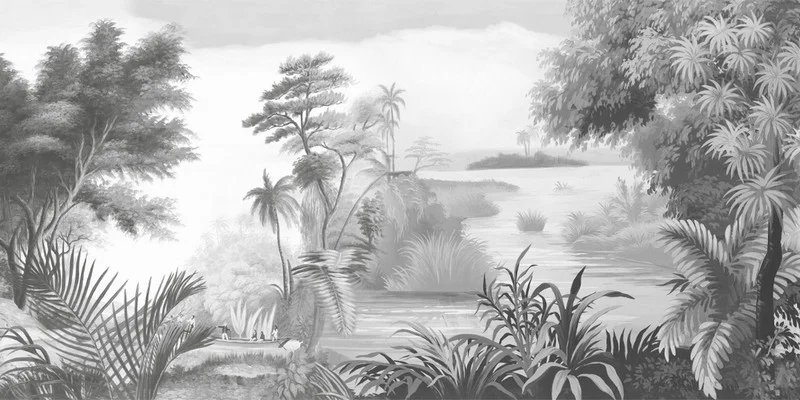 monochrome tropikal nehir kiyisi sazliklar ve sandal manzarali duvar kagidi