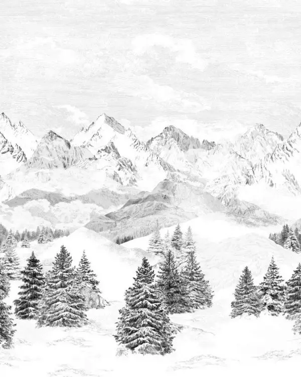 Karla Kaplı Görkemli Dağ Zirveleri ve Sık Çam Ormanlarını Tasvir Eden Siyah Beyaz Gravür Sanatı Duvar Kağıdı