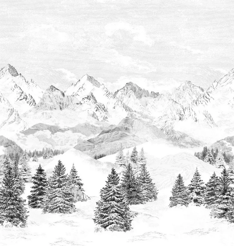 Karla Kaplı Görkemli Dağ Zirveleri ve Sık Çam Ormanlarını Tasvir Eden Siyah Beyaz Gravür Sanatı Duvar Kağıdı