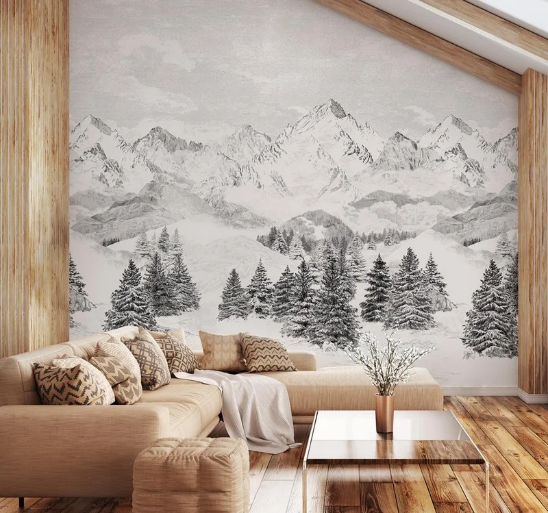 Karla Kaplı Görkemli Dağ Zirveleri ve Sık Çam Ormanlarını Tasvir Eden Siyah Beyaz Gravür Sanatı Duvar Kağıdı