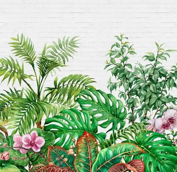 Beyaz Tuğla Fonlu Yeşil ve Hardal Tropikal Yaprak Desenli Duvar Kağıdı Yılmaz Home Collection