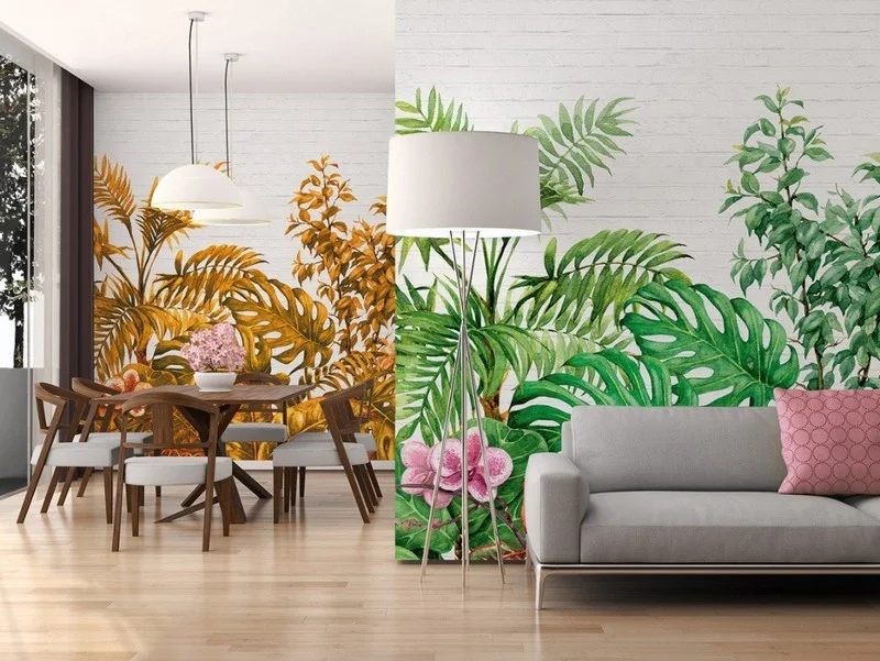 Beyaz Tuğla Fonlu Yeşil ve Hardal Tropikal Yaprak Desenli Duvar Kağıdı Yılmaz Home Collection