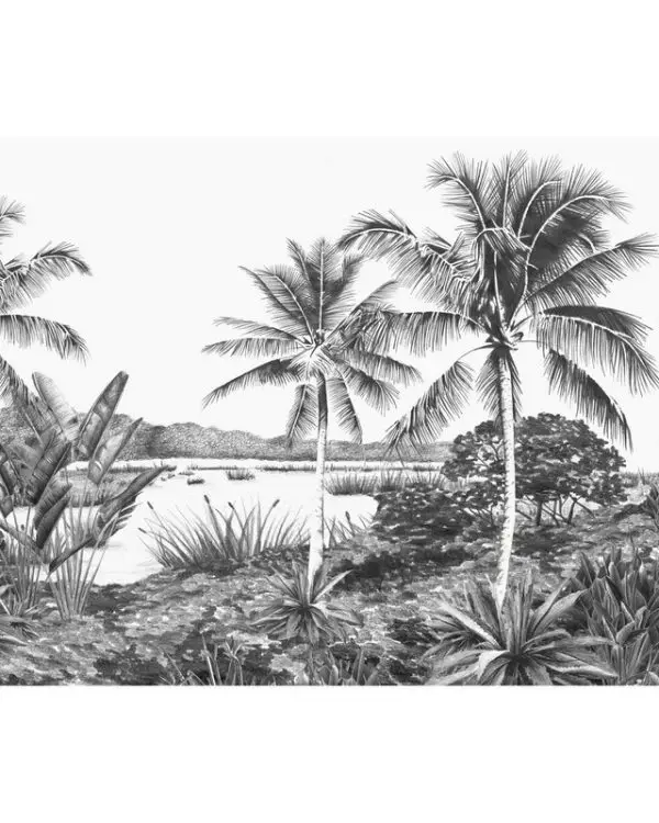 klasik gravur tarzi monochrome doga ve nehir manzarali panorama duvar kagidi