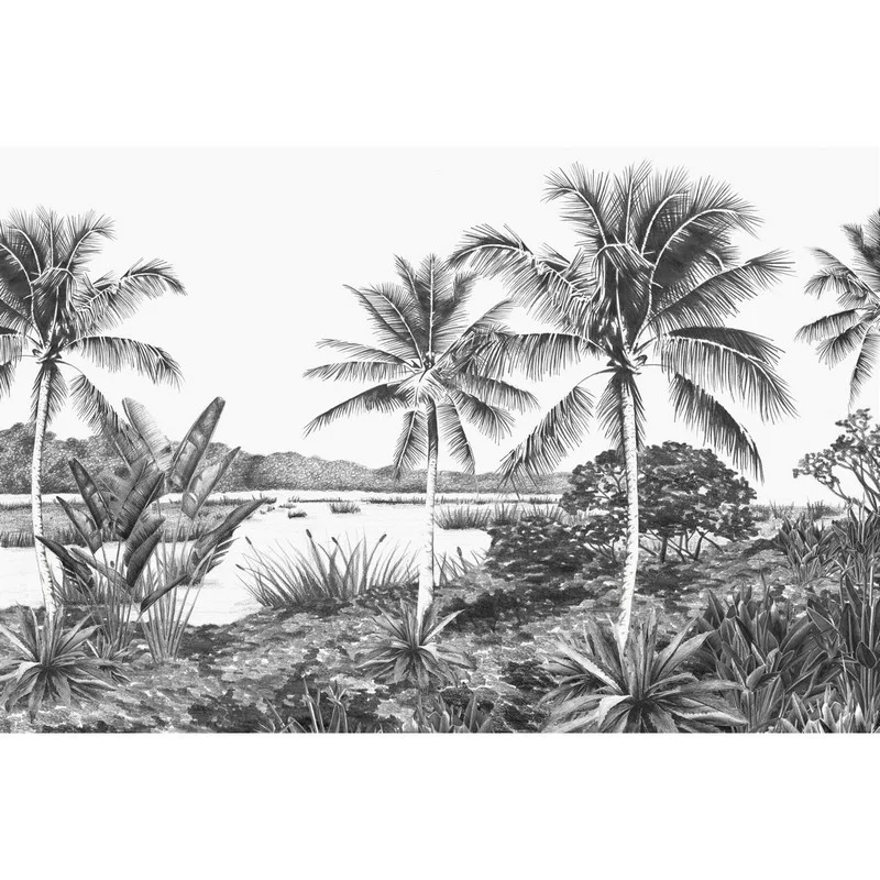 klasik gravur tarzi monochrome doga ve nehir manzarali panorama duvar kagidi