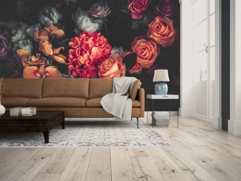 Siyah Zeminli Kırmızı ve Turuncu Güllü Duvar Kağıdı - Türkiye Geneli Ücretsiz Kargo - Yılmaz Home Collection