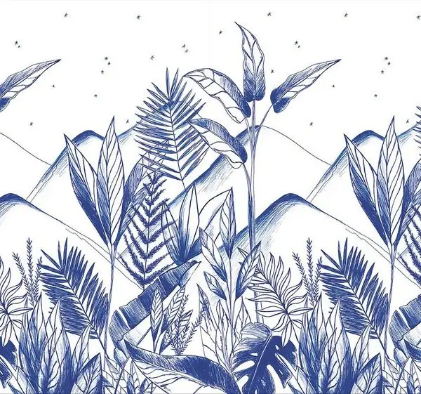 Trendyol çivit mavisi tropikal yaprak ve dağ manzaralı duvar posteri bursa ve Hepsiburada minimalist eskiz tarzı devetabanı duvar kağıdı modelleri