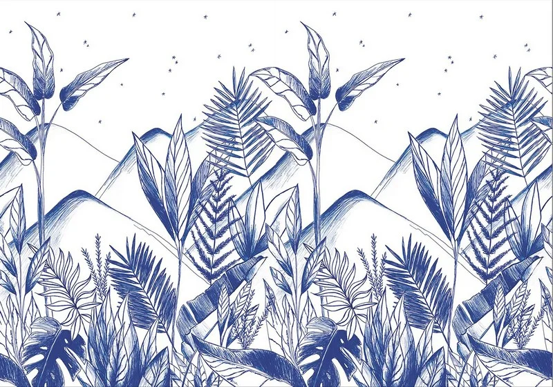 Trendyol çivit mavisi tropikal yaprak ve dağ manzaralı duvar posteri bursa ve Hepsiburada minimalist eskiz tarzı devetabanı duvar kağıdı modelleri