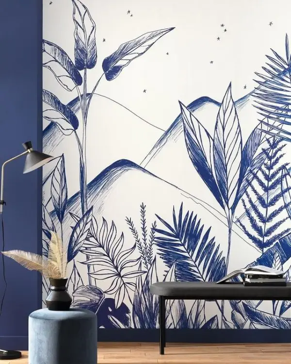 Trendyol çivit mavisi tropikal yaprak ve dağ manzaralı duvar posteri bursa ve Hepsiburada minimalist eskiz tarzı devetabanı duvar kağıdı modelleri