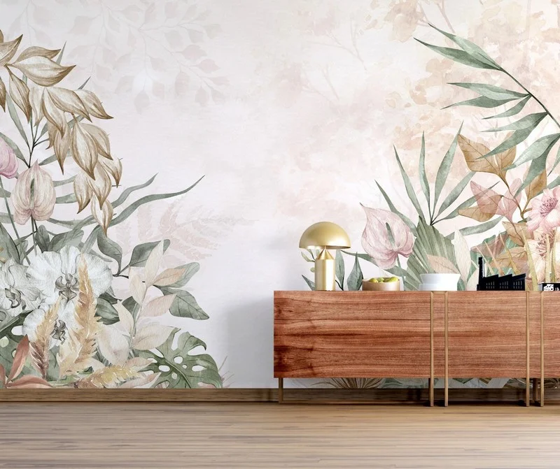 Trendyol pastel tonlarda antoryum ve palmiye yapraklı duvar posteri bursa ve Hepsiburada lüks soft tropikal bitki desenli duvar kağıdı modelleri