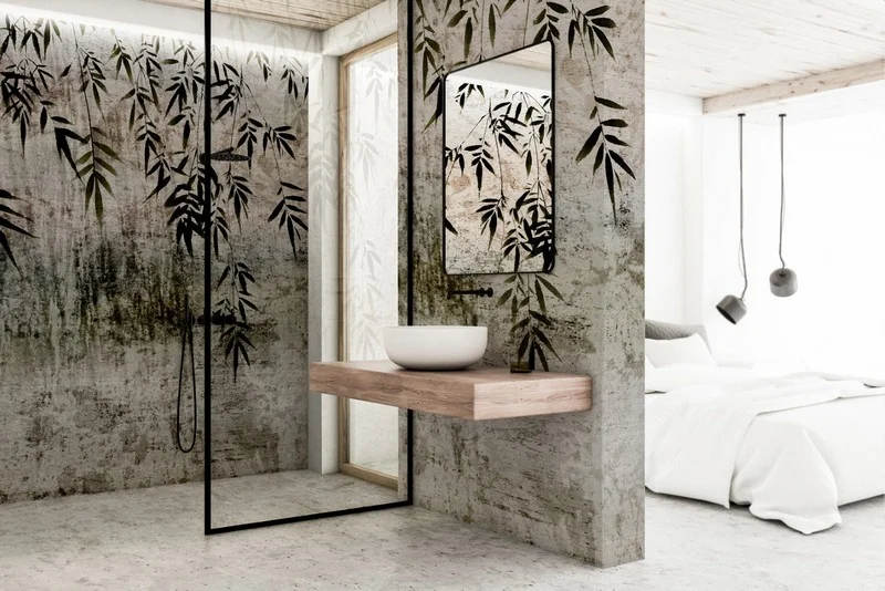 Trendyol beton görünümlü bambu yapraklı duvar posteri bursa ve Hepsiburada eskitme zeminli sarkan bambu desenli duvar kağıdı modelleri