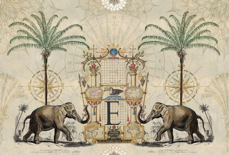 Antik harita, pusula sembolleri, dev fil figürleri ve palmiye ağaçları içeren klasik gravür tarzı 3D dijital baskı gerçek duvar kağıdı.