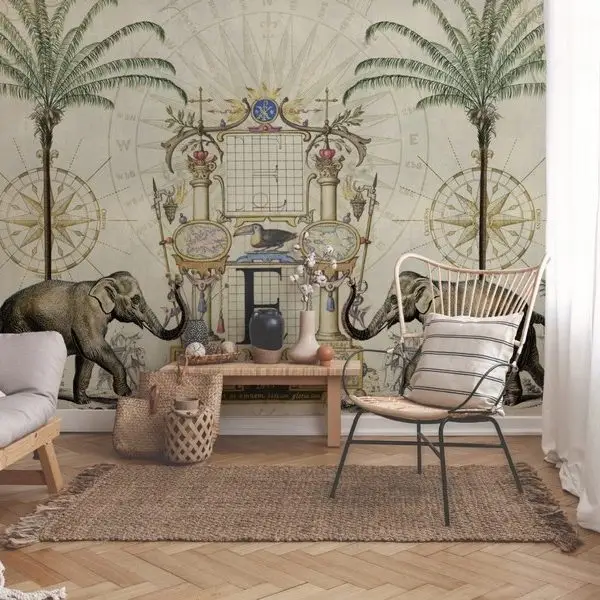 Antik harita, pusula sembolleri, dev fil figürleri ve palmiye ağaçları içeren klasik gravür tarzı 3D dijital baskı gerçek duvar kağıdı.