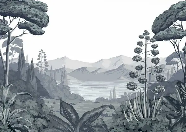 Tropikal Orman Gravür Sanatı Monochrome Panorama Duvar Kağıdı