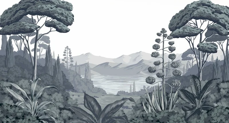 Tropikal Orman Gravür Sanatı Monochrome Panorama Duvar Kağıdı