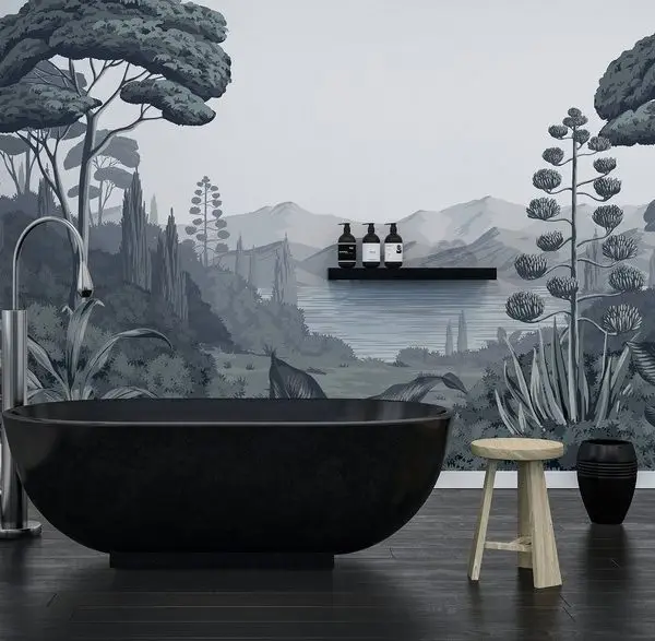 Tropikal Orman Gravür Sanatı Monochrome Panorama Duvar Kağıdı