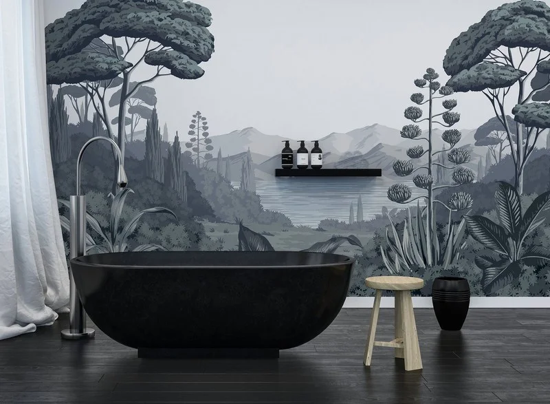 Tropikal Orman Gravür Sanatı Monochrome Panorama Duvar Kağıdı