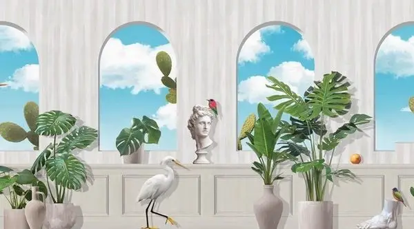 sanat vahasi gokyuzu manzarali ve tropikal bitkili 3d duvar kagidi
