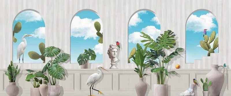 sanat vahasi gokyuzu manzarali ve tropikal bitkili 3d duvar kagidi