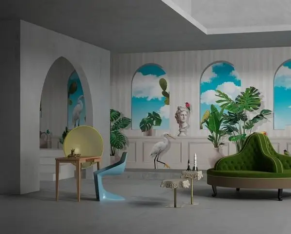 sanat vahasi gokyuzu manzarali ve tropikal bitkili 3d duvar kagidi