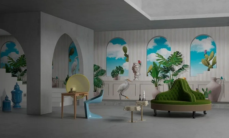 sanat vahasi gokyuzu manzarali ve tropikal bitkili 3d duvar kagidi