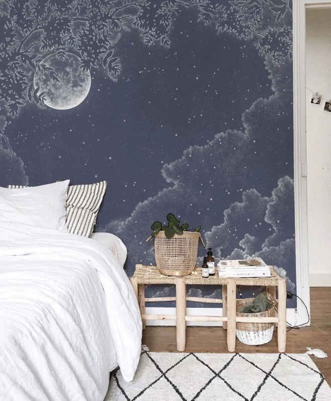 gumus gece ay ve dramatik gri bulutlar temali 3d duvar kagidi