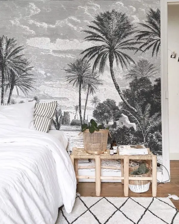 tropikal monochrome sahil ve palmiye manzarali panorama duvar kagidi