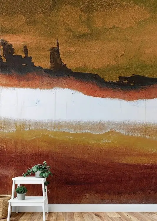 Toprak Tonlarında Yağlı Boya Efektli Sanatsal Soyut Duvar Kağıdı Uygulaması