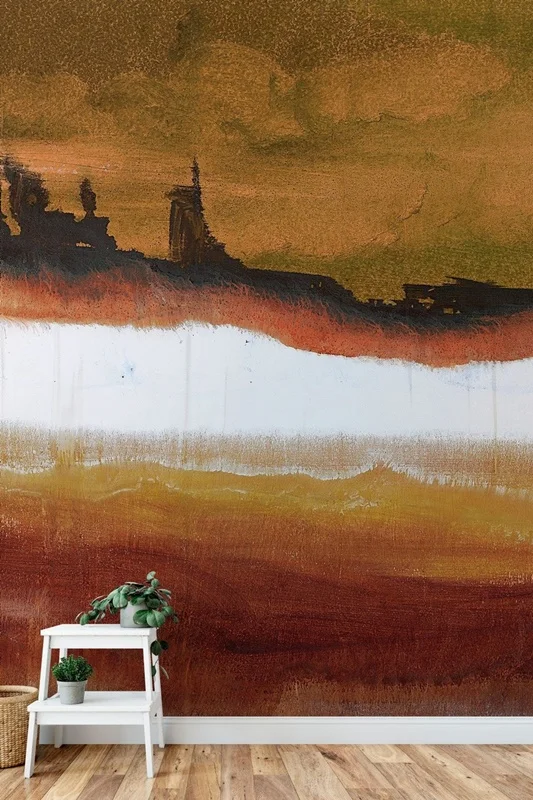 Toprak Tonlarında Yağlı Boya Efektli Sanatsal Soyut Duvar Kağıdı Uygulaması