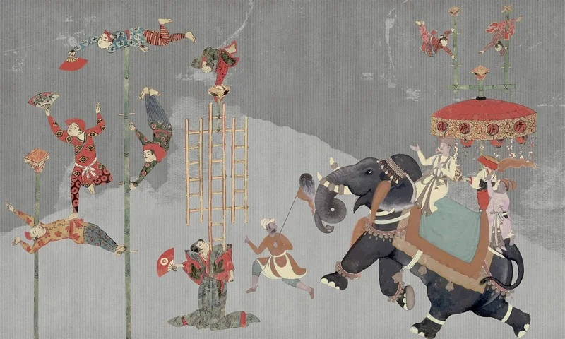 mistik festival akrobatlar ve fil temali 3d duvar kagidi