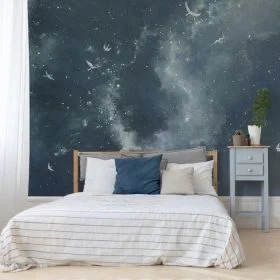 sonsuz ozguruluk galaksi isiginda suzulen kuslar temali 3d duvar kagidi