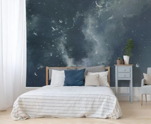sonsuz ozguruluk galaksi isiginda suzulen kuslar temali 3d duvar kagidi