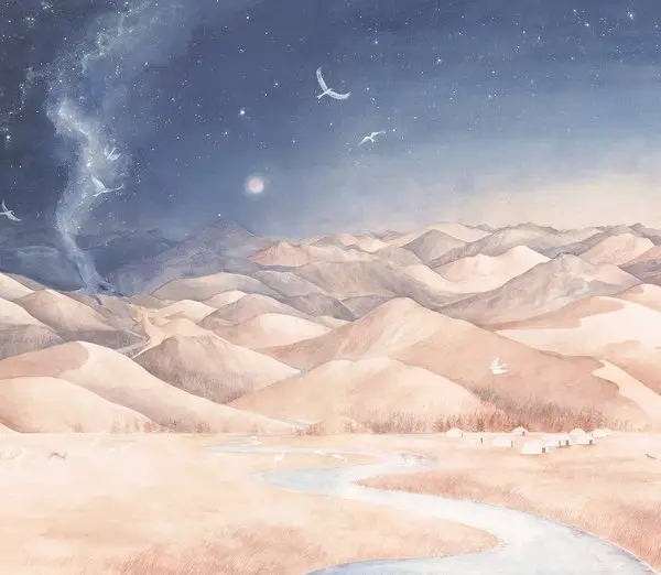 Gece gökyüzünde samanyolu parıltısı süzülen kuşlar ve dağ manzaralı suluboya duvar kağıdı