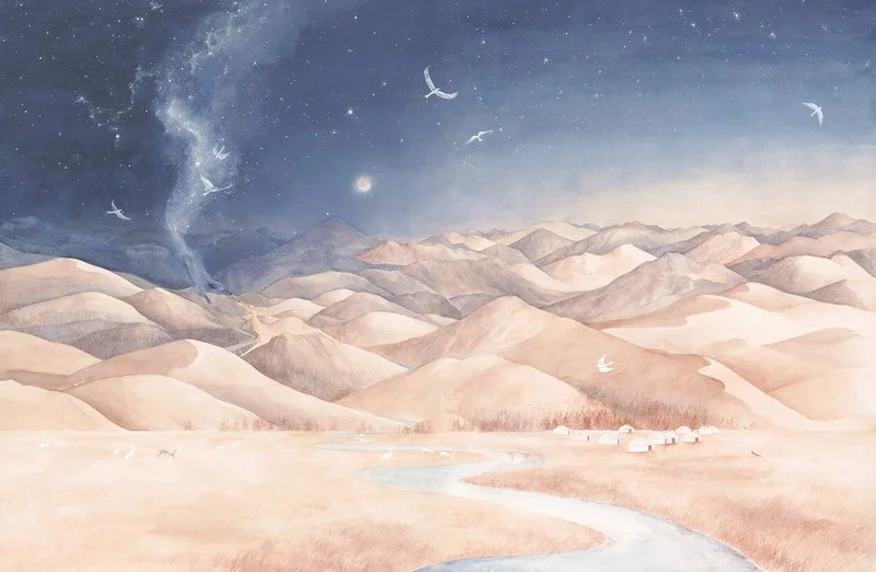 Gece gökyüzünde samanyolu parıltısı süzülen kuşlar ve dağ manzaralı suluboya duvar kağıdı