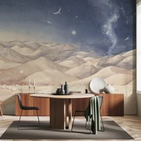 Gece gökyüzünde samanyolu parıltısı süzülen kuşlar ve dağ manzaralı suluboya duvar kağıdı