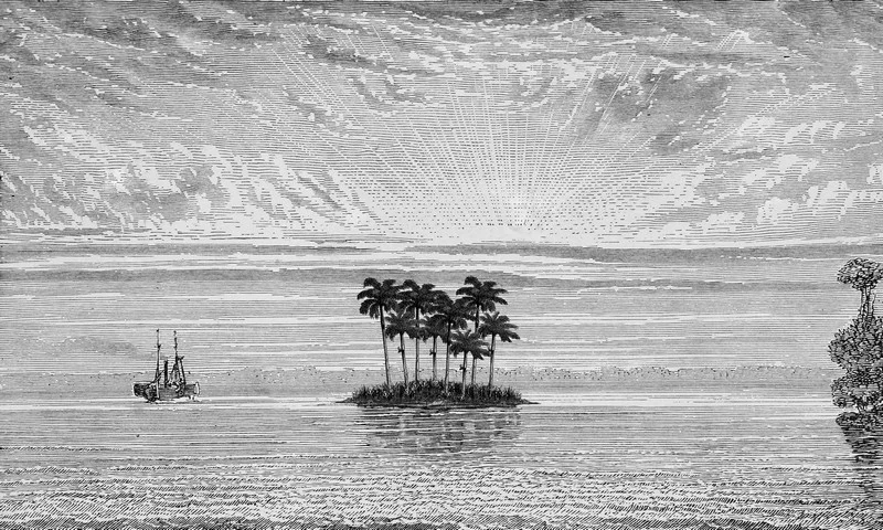 monochrome gravur okyanusta yalniz ada ve yelkenli manzarali duvar kagidi