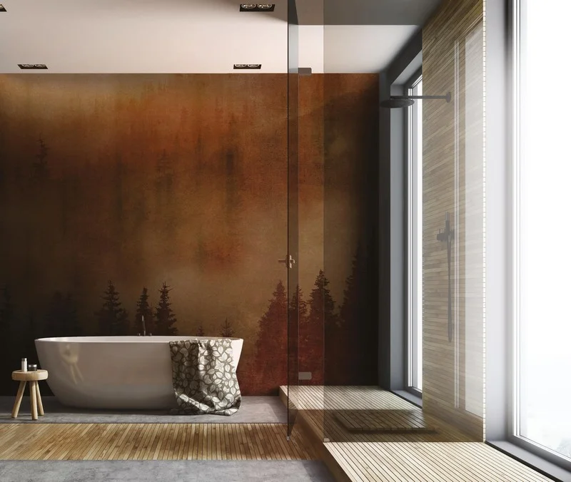 Yüksek Çam Ağaçları Arasından Uzanan Yol ve Dalların Arasından Süzülen Yumuşak Güneş Işığı Temalı 3D Derinlik Etkili Manzara Duvar Kağıdı