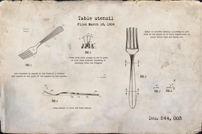 Antik kağıt dokusu üzerinde 1904 tarihli çatal patent teknik çizimi duvar kağıdı.