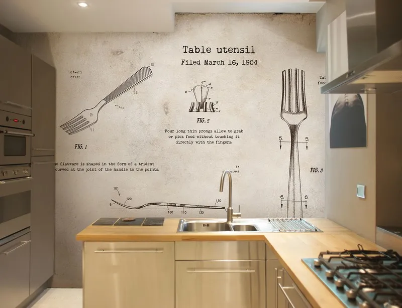 Antik kağıt dokusu üzerinde 1904 tarihli çatal patent teknik çizimi duvar kağıdı.