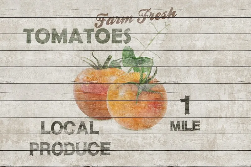 Eskitme ahşap panel dokusu üzerinde "Farm Fresh Tomatoes" ve "Local Produce" yazılı vintage manav duvar kağıdı.