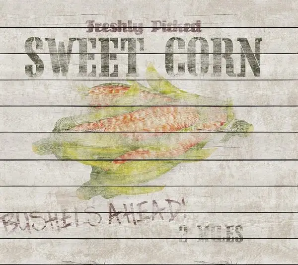 Beyaz ahşap dokusu üzerinde taze mısır illüstrasyonu ve Sweet Corn yazılı rustik duvar kağıdı.