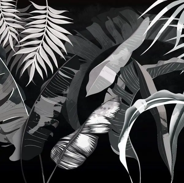 Trendyol siyah zeminli beyaz muz yaprağı desenli duvar posteri bursa ve Hepsiburada modern antrasit palmiye yaprağı duvar kağıdı modelleri